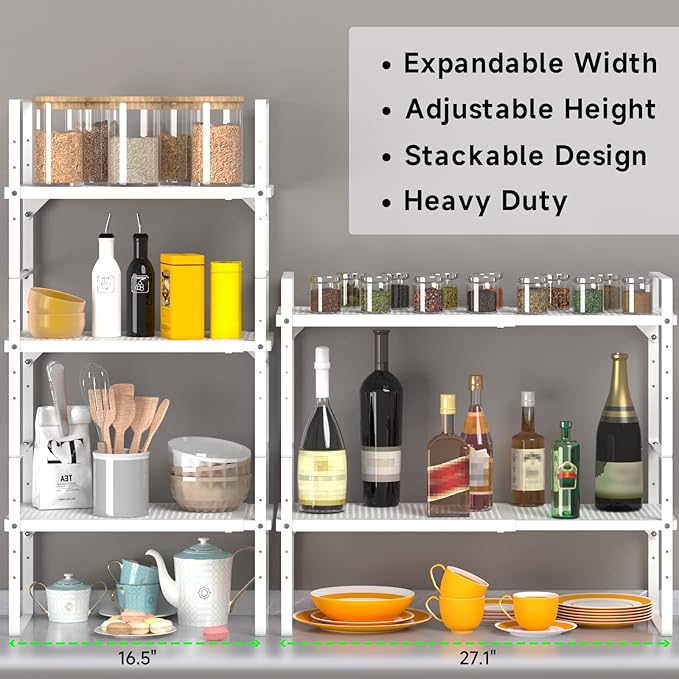 Expandable Cabinet Storage Shelf Stackable Organizer Rack for Kitchen Bathroom Pantry Spice Cupboard Coffee Countertop Home Office Desk Heavy Duty Nonslip White Small 2 Packs-Ruum Studio Home