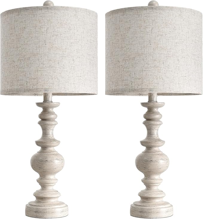 BOBOMOMO 24" Farmhouse Resin Table Lamp Set of 2, Vintage Lamps for Living Room Bedroom with Linen Shades, Traditional Rustic Bedside Lamps Retro Table Lamps for Living Room, Bedroom, Office-Ruum Studio Home