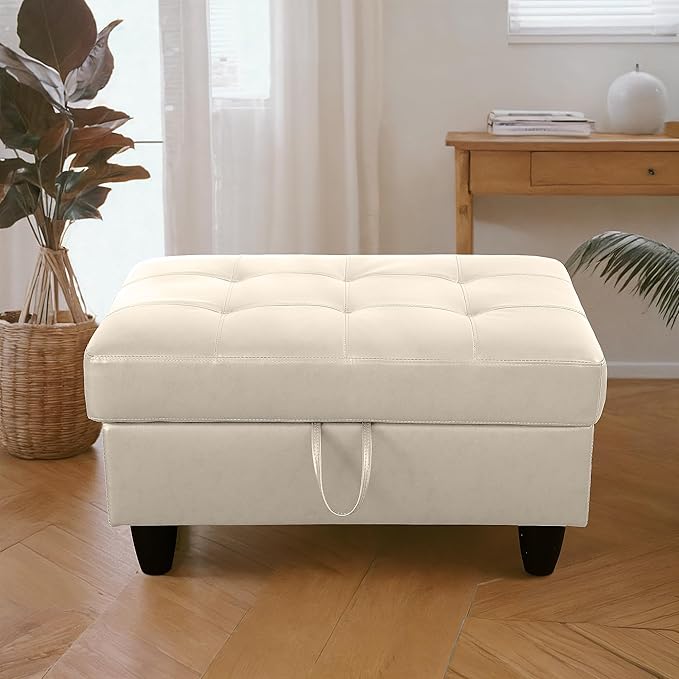 Ottoman Rectangular Storage Ottoman Bench, Faux Leather Footrest, Coffee Table, Stool Footstool with Hinged Lid for Living Room, Bedroom, Entryway, Champagne, 35"x23.5"x17.5"-Ruum Studio Home