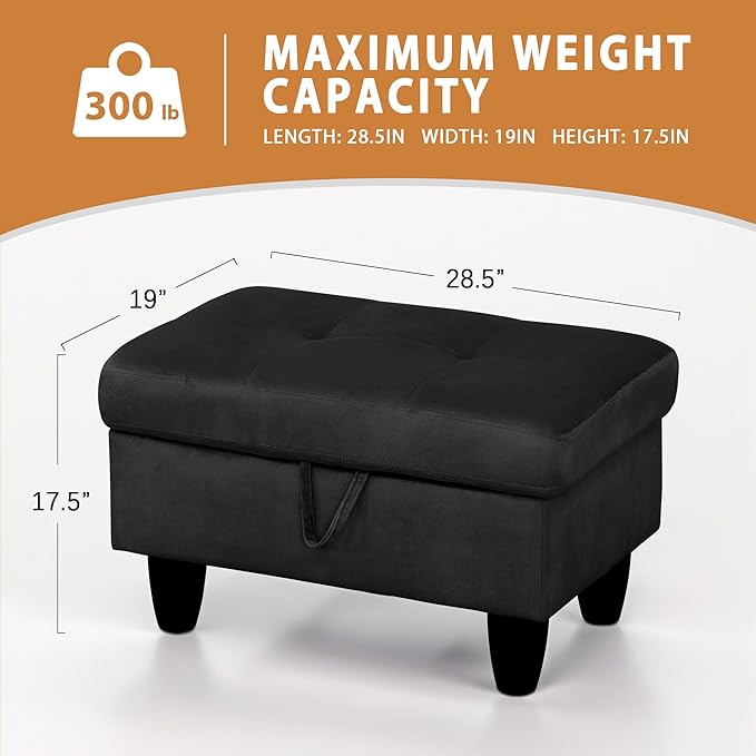 Ottoman Rectangular Storage Ottoman Bench, Flannel Footrest Stool Footstool with Lid for Living Room, Bedroom, Entryway, Black, 28.5"x19"x17.5"-Ruum Studio Home