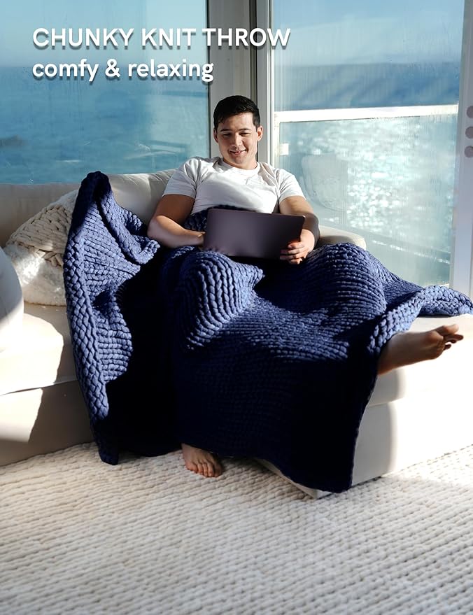 YnM Chunky Throw Blanket, Medium-Weight, Hand Knitted, Skin Friendly, Ventilated and Breathable, Machine Washable, Home Décor Piece for Couch, Sofa and Bed (Indigo Blue, 50x70 Inch)-Ruum Studio Home
