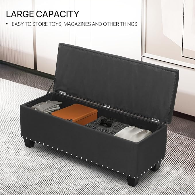 MoNiBloom 42 Inch Long Ottoman with Storage, Black Linen Foot Stool Upholstered Foam Padded Rectangular Fabric Tufted Bench Footrest for Living Room Bedroom Entry with 300 Lbs Capacity-Ruum Studio Home