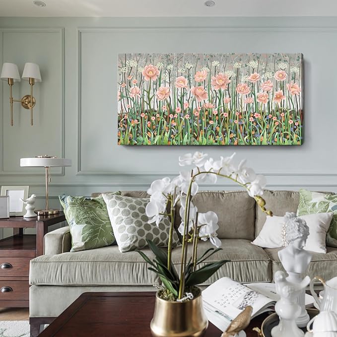 amatop Large Floral Wall Art Modern Abstract Flower Field Canvas Picture Botanical Artwork Rustic Wall Decor for Living Room Bedroom Pink Green Blooming Wildflower Forest Nature Art Print 48x24in-Ruum Studio Home