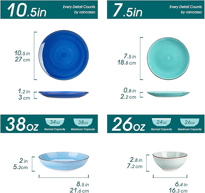vancasso Bonita Dinnerware Set 24 Pieces Blue Stoneware Service for 6, Handpainted Spirals Pattern Stoneware Combination Set-Ruum Studio Home