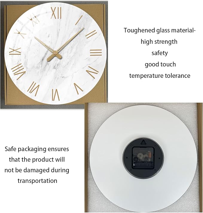 Round Marble Battery Wall Clock Modern 14 Inch White Minimalist Wall Clock for Kitchen Quartz Glass Slient Clock for Wall-Ruum Studio Home