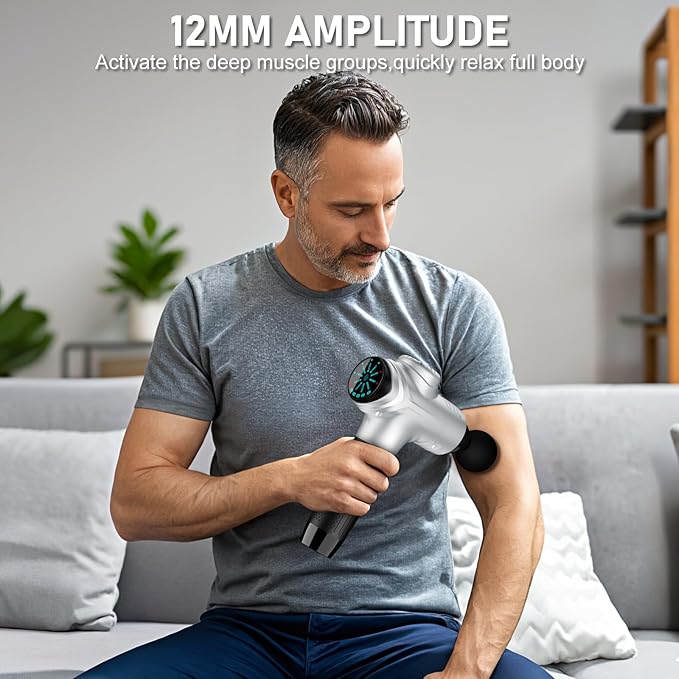RAEMAO Massage Gun, Handheld Electric Deep Tissue Muscle Massager for Athletes for Pain Relief Attaching 8 Replacement Heads, Percussion Massager with 10 Speeds, Father's Day Gifts, Silver-Ruum Studio Home