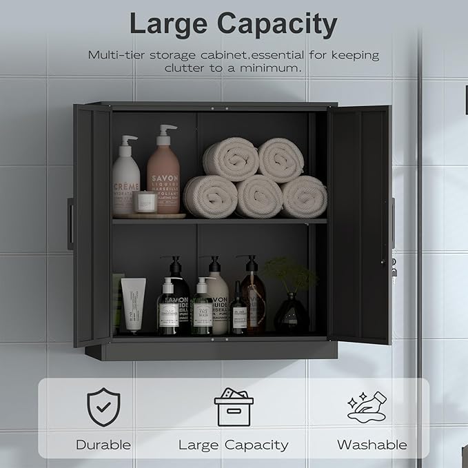 Metal Wall Cabinet,Garage Wall Cabinetwith Handle,Lockable Storage Cabinets Wall Mounted with 2 Doors,Locking Cabinet with Shelves for Basement,Living Home,Black-Ruum Studio Home