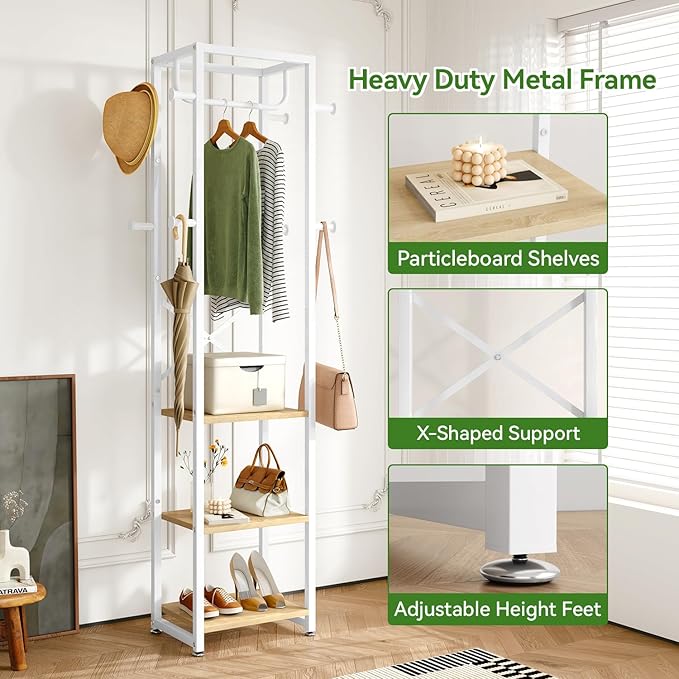 IBUYKE Coat Rack with Shelves, Freestanding Hall Tree with 3 Shelves and 8 Hooks, Industrial Clothes Stand for Entryway, Hallway, Bedroom, Natural UTMJ088R-Ruum Studio Home