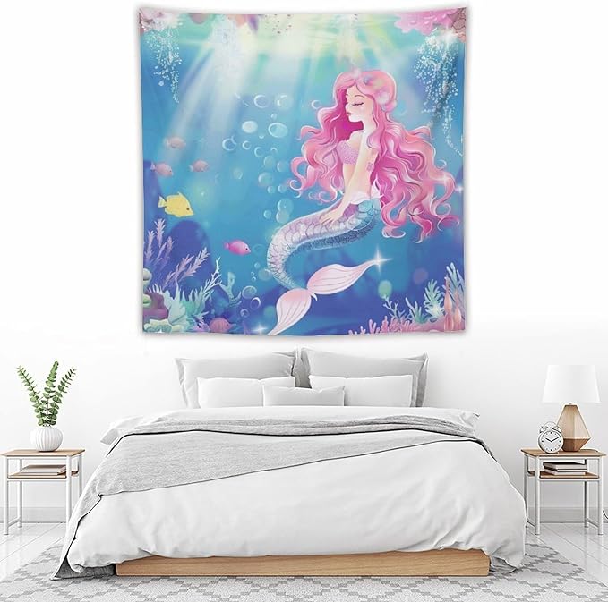 HZOHNAGO Mermaid Girls Tapestry Watercolor Mermaid Princess Pink Hair Pattern for Kids Room Decoration Printed Wall Tapestry Wall Hanging for Bedroom Living Room Dorm 60" W x 60" H-Ruum Studio Home