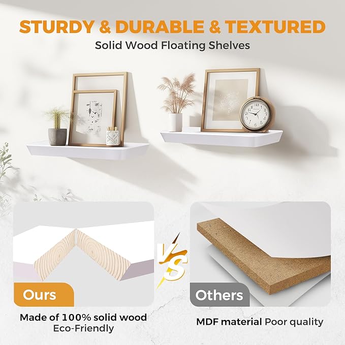 24"x6.8"x1.6" Slanted Floating Wall Shelves 2-Pack - Rustic White Finish, Heavy-Duty Solid Wood Design with Hidden Brackets - Perfect for Living Room, Kitchen, Bathroom, or Office-Ruum Studio Home