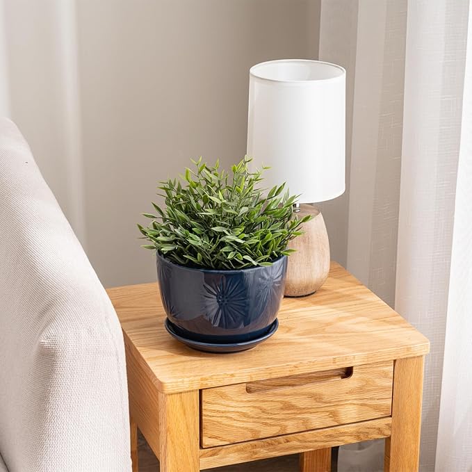 MyGift 7 Inch Round Blue Ceramic Plant Pot with Drainage Hole and Attached Saucer, Modern Decorative Embossed Sunburst Planter Container for Indoor Home Garden-Ruum Studio Home