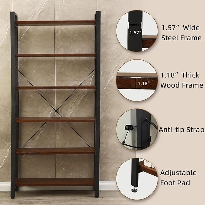 WH-AOERPYMY Natural Real Wood Bookcase,Industrial Bookshelf,6 Tier Solid Wood Open Book Shelf Storage,Metal Shelving Unit,Farmhouse Wide Etagere Bookcase for Office Living Bedroom (6 Tiers)-Ruum Studio Home