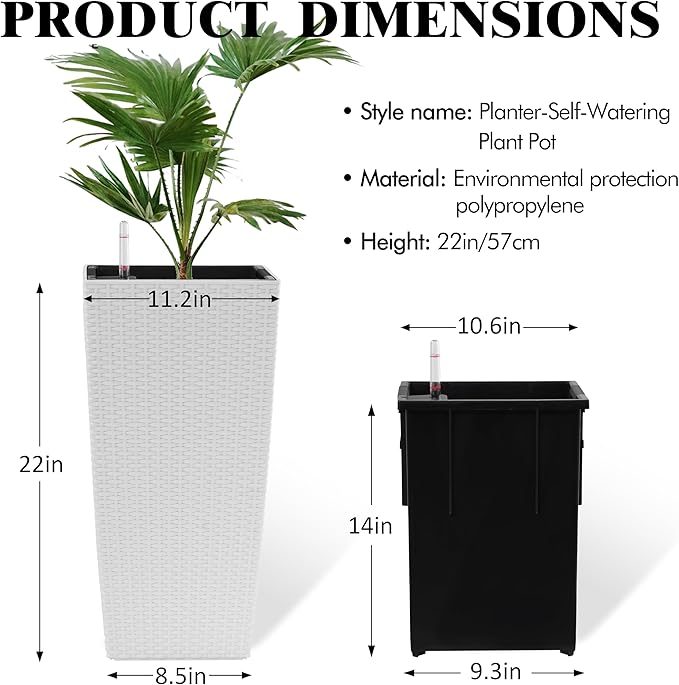 2Pcs 23in High Large Plant Pots Planter-Self-Watering,Modern Planter with Drain Holes,Water Level Monitor,Inner Bucket for Indoor/Outdoor Front Porch Patio,White Rattan-Ruum Studio Home