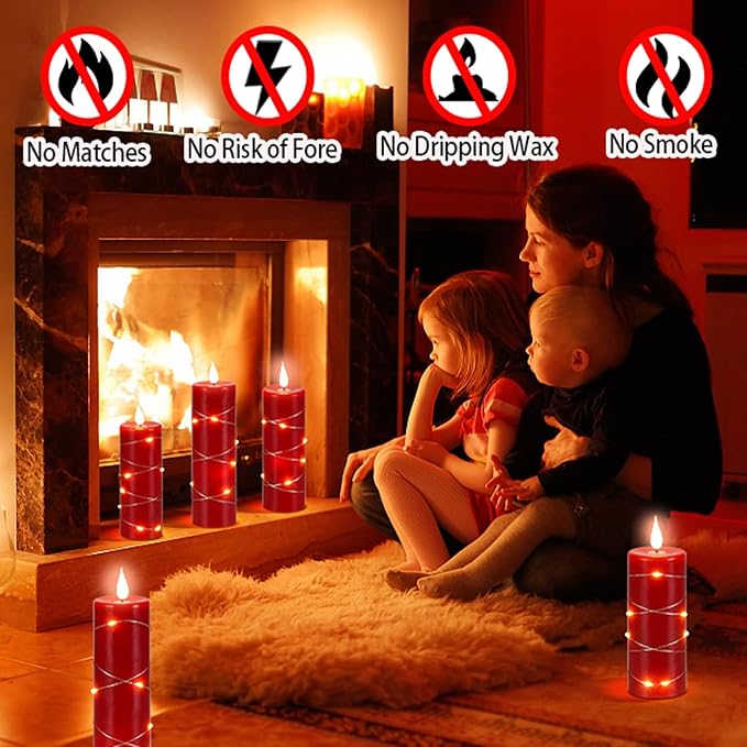 Red Flameless Candle with Remote Control LED Candle with String Lights Battery Powered Flameless Candle4'' 5'' 6'' 7'' 8'' Candles of 5 Pcs-Ruum Studio Home