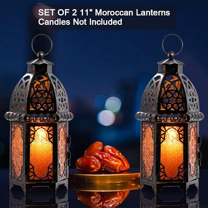 NEEDOMO Set of 2 Moroccan Lanterns Decorative Indoor & Outdoor, Hanging Candle Lantern, 11'' Vintage Candle Holder, Metal Lanterns Decorative, Table, Patio, Porch, Shelf, Gothic Home Decor (Amber)-Ruum Studio Home