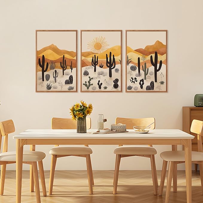 KAIRNE Cactus Canvas Wall Art,Desert Landscape Paintings,Aesthetic Abstract Prints Set of 3(16”X24”),Minimalist Farmhouse Wall Decor,Abstract Boho Artwork for Living Room Bedroom Office Decoration-Ruum Studio Home