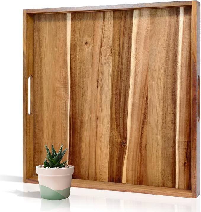 22 Inches Square Acacia Wood Ottoman Tray, Extra Large Wooden Serving Tray with Handles for Living Room, Serving Food Breakfast, Ottoman Coffee Table Couch Sofa Kitchen-Ruum Studio Home