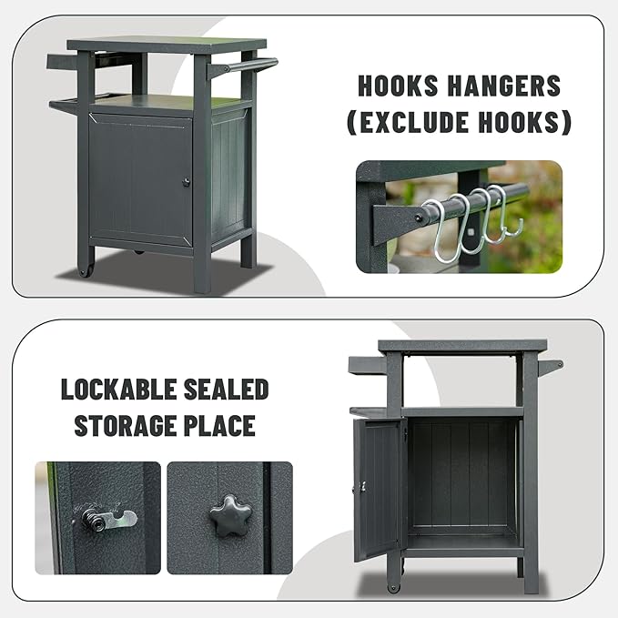 Domi Grill Carts Outdoor with Storage and Wheels, Whole Metal Portable Table and Storage Cabinet for BBQ,Deck,Patio,Backyard(Dark Grey)-Ruum Studio Home
