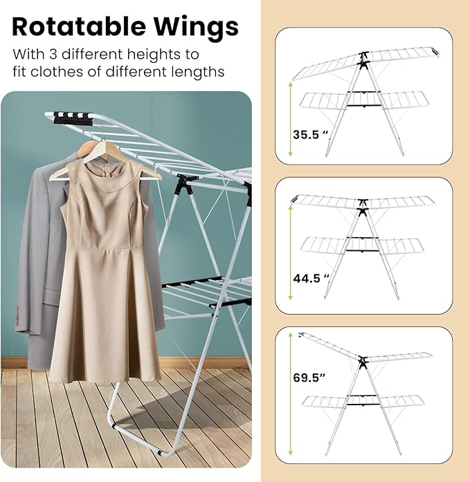 COSTWAY Clothes Drying Rack, Foldable 2-Level Laundry Drying Rack w/Height-Adjustable Wings, 33 Drying Rails & Sock Clips, Standing Large Drying Rack for Clothing, Indoor Outdoor Use-Ruum Studio Home