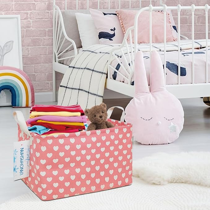 LANGYASHAN Rectangular Storage Bin Collapse Canvas Fabric Cartoon Storage Basket with Handles for Organizing Home Kitchen Boys and Girls Toys Office Closet Shelf Baskets (Rec pink heart)-Ruum Studio Home