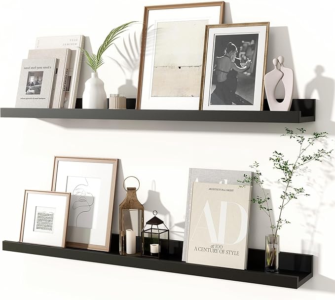 Fun Memories Picture Ledge Shelves Set of 2, 32 Inch Rustic Wall Mounted Floating Shelves with Lip for Home Storage and Décor in Bathroom, Kitchen, Nursery, Bedroom, Living Room, Black-Ruum Studio Home