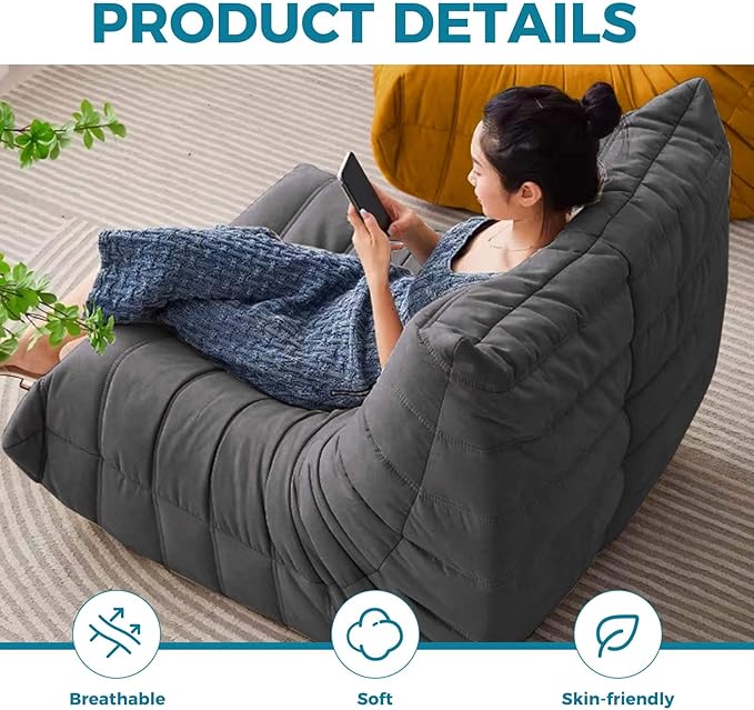 Modern Living Room Chair, Big Bean Bag Adult Floor Sofa, Togo Recliner Memory Foam Lazy Couch Suitable Balcony for Fireside Chair (Dark Grey)-Ruum Studio Home