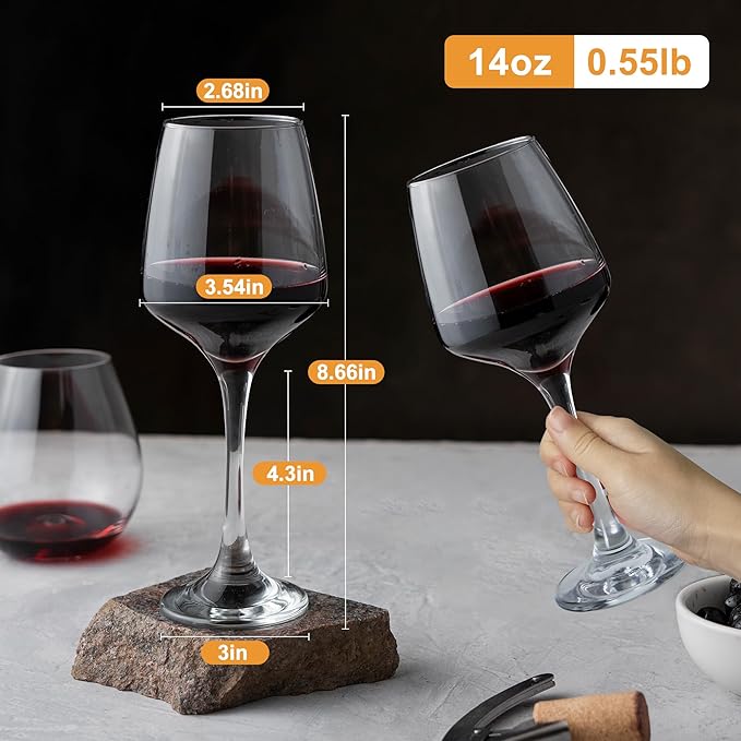 Clear Wine Glasses Set of 6-14oz Long Stem Wine Glass, Pretty Crystal Glassware, Hand Blown Goblets Drinkware, Unique Stemware Wine Glass Holiday Gift Set-Ruum Studio Home