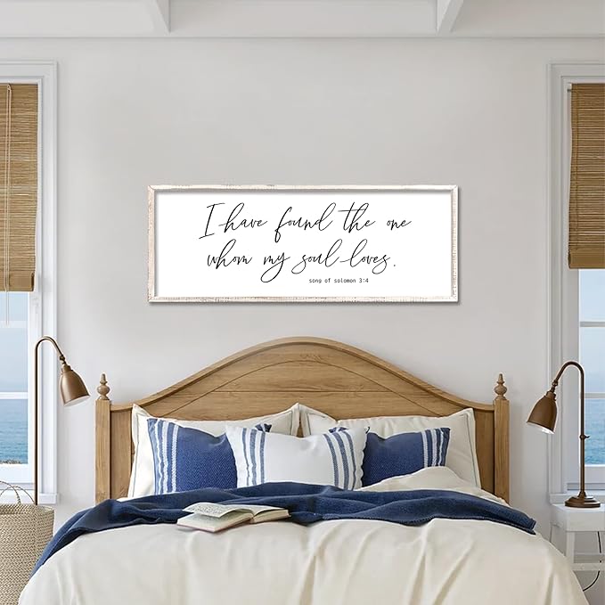 I Have Found The One Whom My Soul Loves Sign Wall Art Decor 40"x15" Modren Master Bedroom Above Bed Wood Framed Song of Solomon 3:4 Large Living Room Bible Verse Wall Hanging (White)-Ruum Studio Home