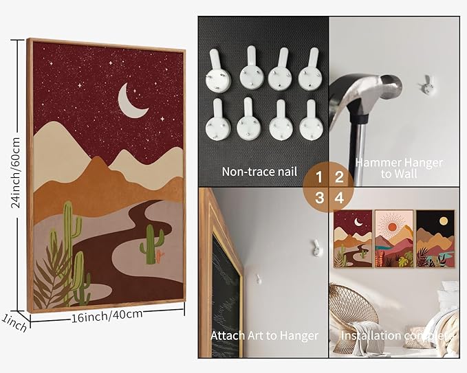 SIGNINART Boho Desert Framed Canvas Wall Art Set of 3, Colorful Sun and Moon Art Prints, Bohemian Modern Cactus Art Paintings, Southwestern Landscape Wall Decor for Living Room, Bedroom, Office 16"x24"-Ruum Studio Home