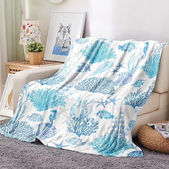 Blue Ocean Beach Throw Blanket Nautical Coastal Bed Blanket Starfish Seashell Coral Blankets Super Soft Flannel Fleece Throw Blanket for Couch Bed Decor “50 x60”-Ruum Studio Home