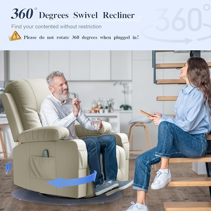 Recliner Chairs for Adults, Massage Rocker with Heated Modern Ergonomic Lounge 360 Degree Swivel Single Sofa Seat Living Room Lounge Recliners Ivory White-Ruum Studio Home