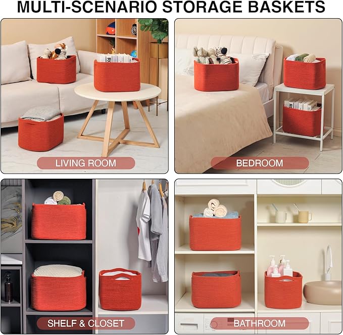Storage Baskets for Organizing, Storage Basket for Shelves, Toy Towel Basket for Bathroom Nursery, Woven Cotton Rope Baskets for Decor, 15"x11"x9.5", 3 Packs, Brick Red-Ruum Studio Home