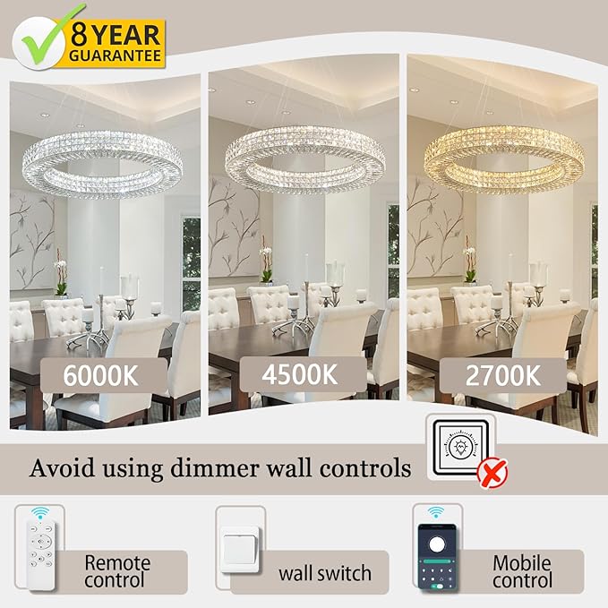Dia 32" Ring Crystal Chandelier Modern Silver Ring Chandelier Adjustable Height Luxury Crystal Pendant Ceiling Light Fixture for Dining Living Room Bedroom-Ruum Studio Home