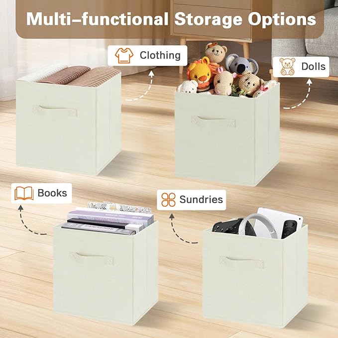 GhvyenntteS Storage Cubes, 11 Inch Cube Storage Bins with Dual Handles, Collapsible Fabric Storage Bins for Shelves Closet, Storage Baskets for Organizing Clothes, Bedding, Toys, Books (6 Pack, Beige)-Ruum Studio Home