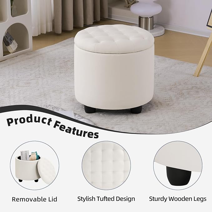 Furniliving Upholstered Button Tufted Round Ottoman, PU Storage Ottoman Round, Removable Lid Convenient Footstools, Classic Ottoman with Storage for Vanity, Nursery Room，IvoryWhite-Ruum Studio Home