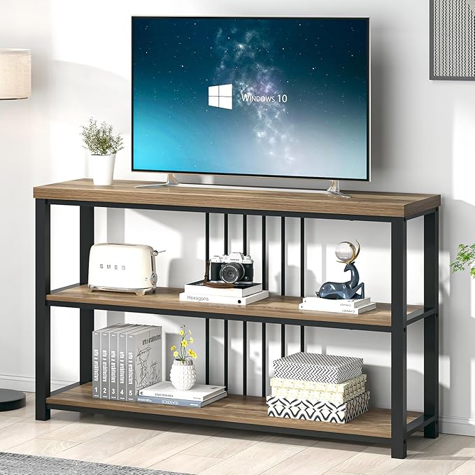 FOLUBAN Modern Sofa Table for Entryway, 3 Tier Narrow Console Table for Living Room Hallway Behind Couch, Rustic Oak-Ruum Studio Home