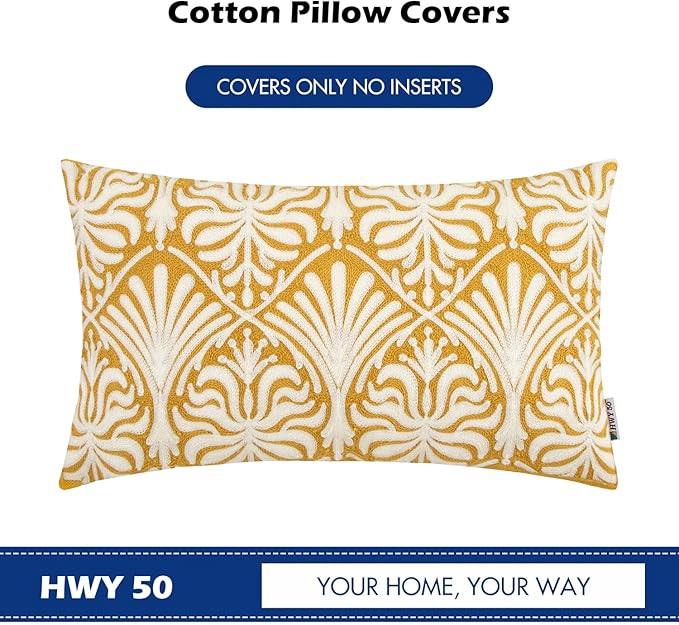 HWY 50 Mustard Yellow Decorative Lumbar Pillow Cover Rectangle 12x20 Inch (1 Piece), Embroidered Cotton Farmhouse Cushion Cover Pillow Case for Sofa Couch Living Room Bed, Minimalist Floral-Ruum Studio Home