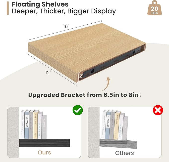 Heimlove 12 Inch Deep Floating Shelves, 16 x 12 inches Long Wall Shelf, Large Extra Display Shelf & Storage Shelf, Rustic Wood Wall Shelves for Fireplace Mantel, Oak - 2Pack-Ruum Studio Home