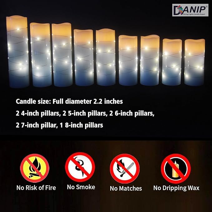 Sky Blue Flameless Candle, with Built-in Star Clusters, 9 LED Candles, 11 Button Remote Control, 24-Hour Cycle Timing, Flashing Flames, Real Wax, Battery Powered. (Full Sky Star Series)…-Ruum Studio Home