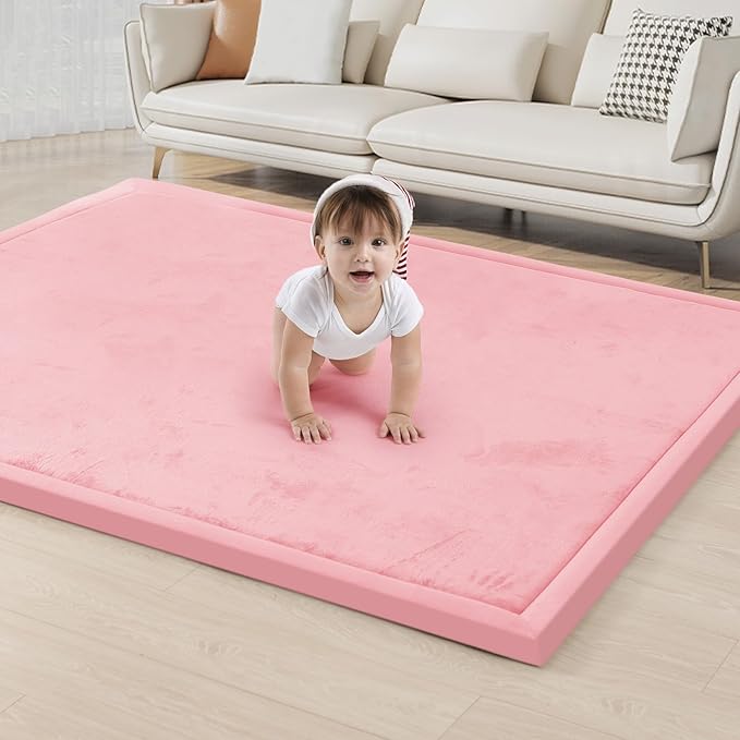 ACOMOPACK Baby Play Mat for Floor 1.3" Thick Memory Foam Play Mat 59"×71" Tummy Time Crawling with Non-Slip Bottom for Living Room,Nursery,Soft Velvet Playpen Mats for Kids,Infants（Pink）-Ruum Studio Home