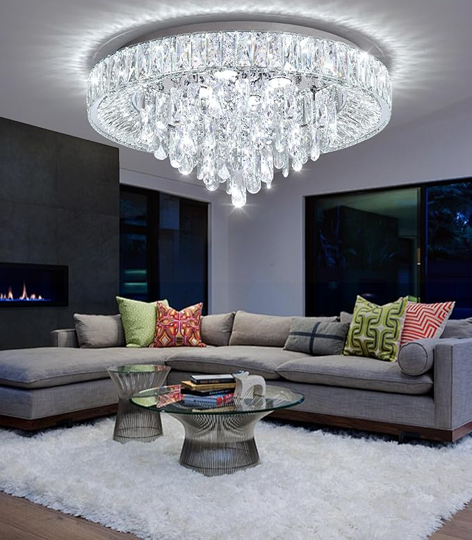 23.6'' Modern Crystal Chandeliers LED Dimmable Flush Mount Ceiling Chandeliers for Living Room Entrance Foyer Bedroom Silver-Ruum Studio Home