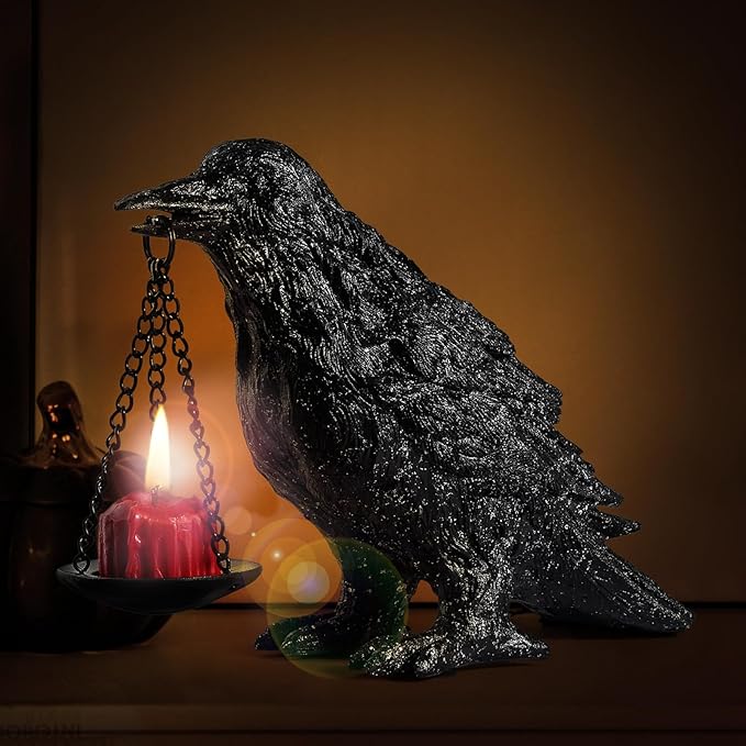 Gothic Crow Lamp Tealight Candle Holder Raven Statue for Indoor Outdoor Decor Halloween Garden Resin Statue Black Stone-Ruum Studio Home