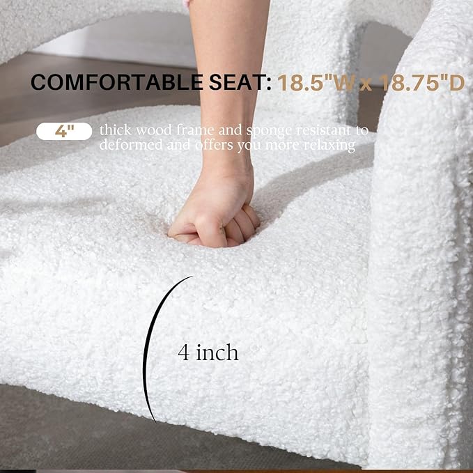 White Boucle Dining Chairs Set of 2, Modern Barrel Dining Room Chairs Upholstered Faux Fur Accent Chair with Arms and Round Back for Living Room Kitchen Armchair No Assembly Needed-Ruum Studio Home