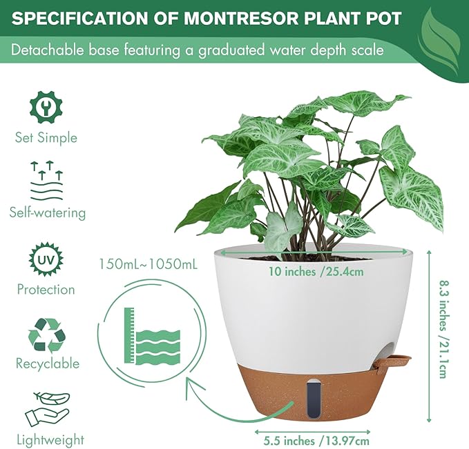 montresor 2 Pack 10 inch Plant Pots, PP Plastic Self Watering Plant Pot with Drainage and Tray for Indoor Outdoor Plants, Water Level Window & Reservoir Flower Pots Decorative Planter (White)-Ruum Studio Home