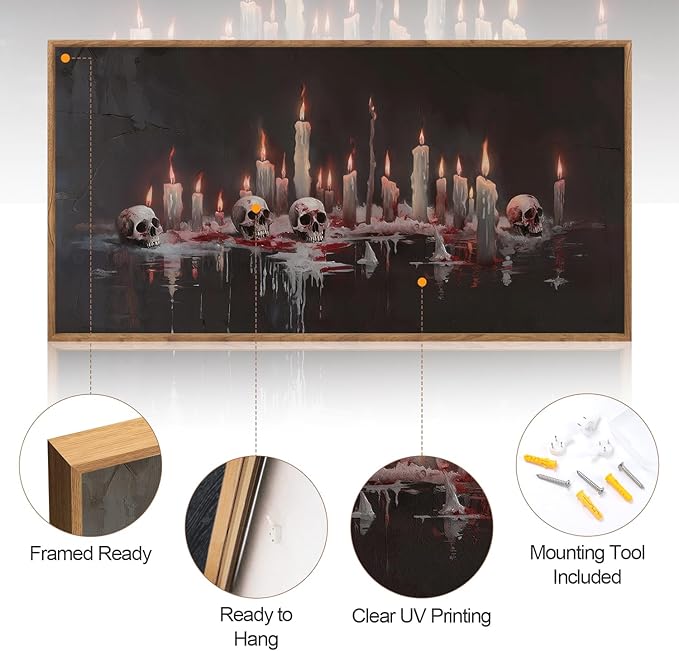 Aurlan Gothic Bloody Skull and Candles Framed Wall Art(40"x20"), Large Horror Dark Academia Halloween Skeleton Canvas Artwork, Modern Goth Spooky Creepy Ghost Decor for Home Office Bedroom-Ruum Studio Home