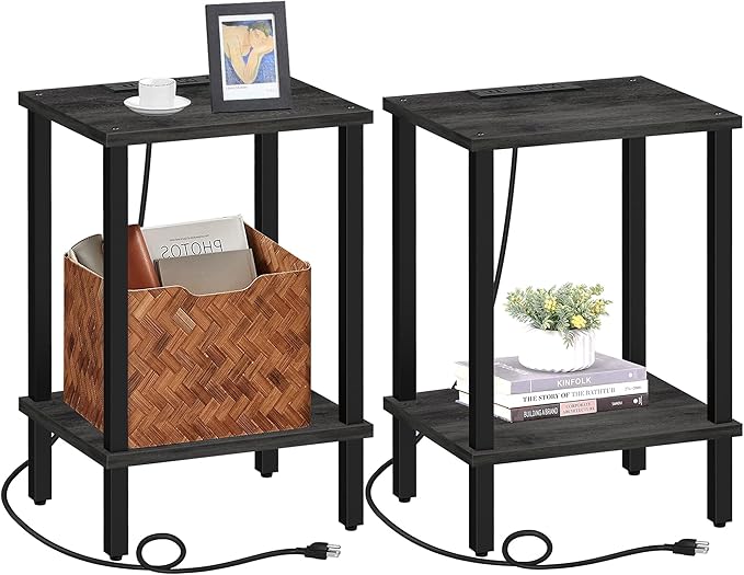 TUTOTAK End Table with Charging Station, Set of 2, Small Side Table, Nightstand Bedside Table, 2-Tier Storage Shelf for Small Space, Living Room, Bedroom Charcoal Grey TB01BY041-Ruum Studio Home
