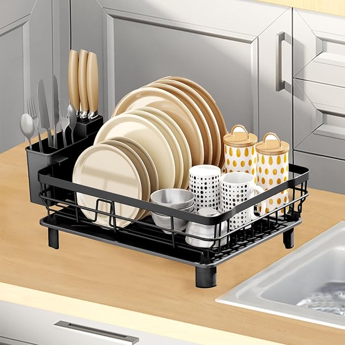 GAXmi Dish Drying Rack Over The Sink Drainer with Drainboard Utensil Holder, 1-Tier Black-Ruum Studio Home