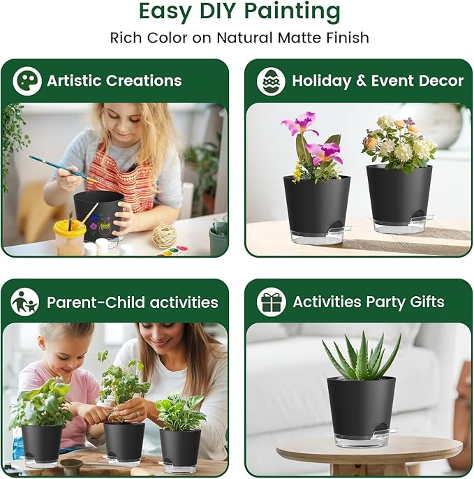 6 inch Self Watering Pots for Indoor Outdoor Plants, 3 Pack Flower Plant Pots with Drainage Holes and Clear Reservoirs, Visible Water Level, Plastic Planters with Wicking Rope, Black-Ruum Studio Home