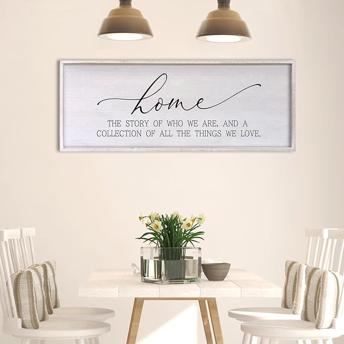 Home The Story of Who We Are Sign Farmhouse Family Wall Decor 32x12 Inch Plaque Wood Framed Art for Hanging (White)-Ruum Studio Home