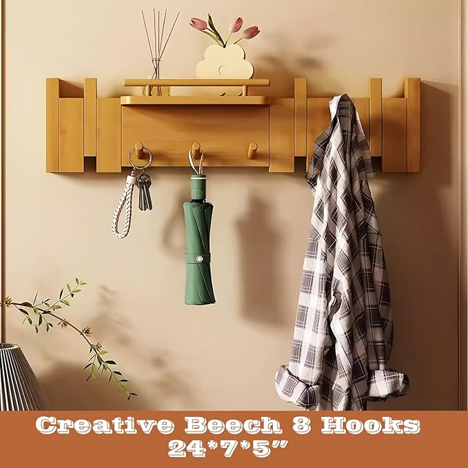 Wall Mounted Piano Key Hanger | Flip Style Hook | Entrance Wall Art Hook, Made of Oak Wood (3 Times Painted, 4 Times Polished) (Fence Beech, 8Hooks)-Ruum Studio Home